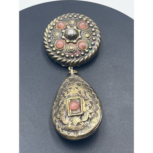 CHARLIE LAURE PARIS Vintage 4” Brass Articulated Dangle Repousse Orange Brooch - Picture 3 of 15